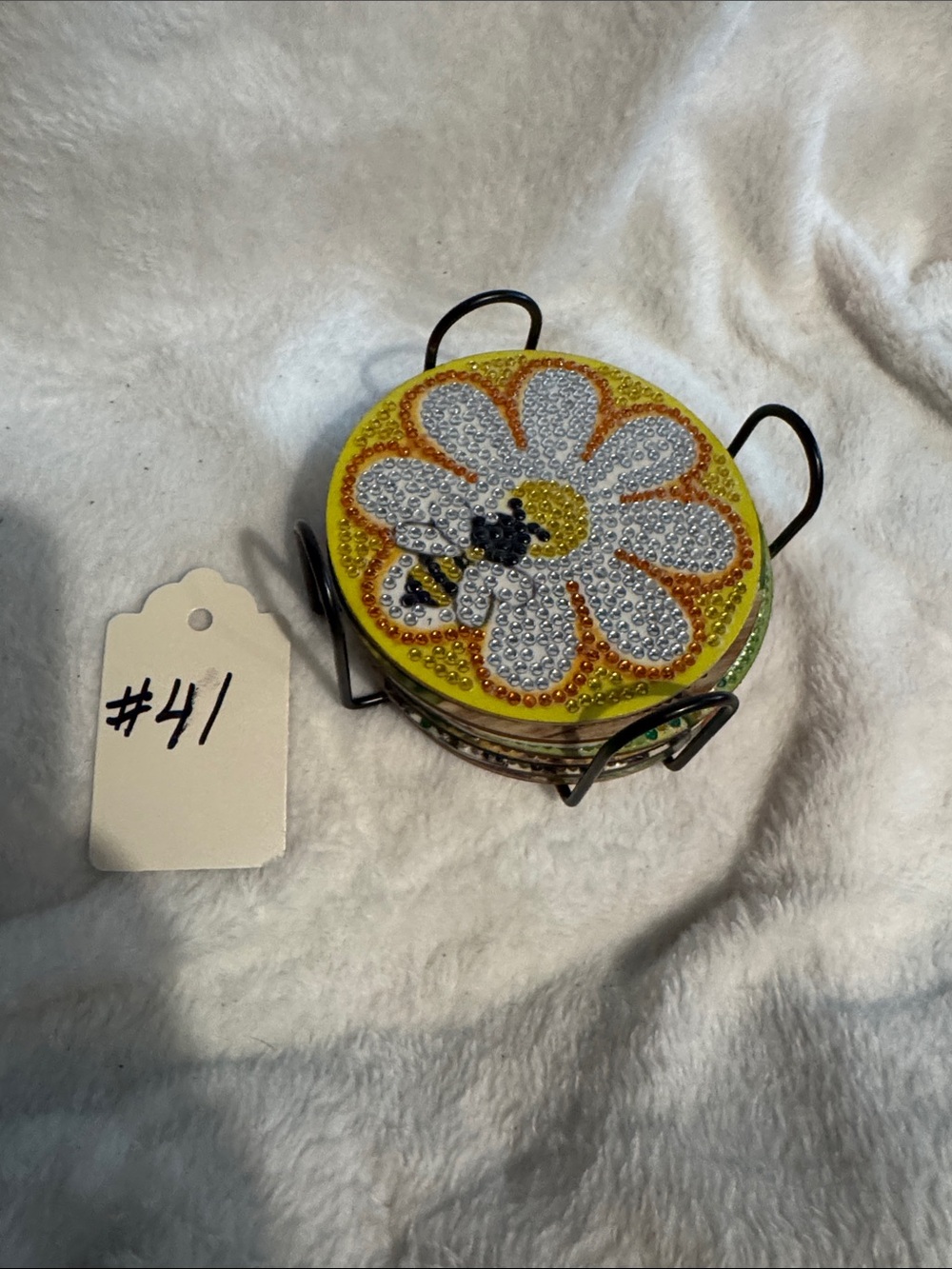 Handcrafted Yellow & Green Floral Round Coasters - Set of 7 - Picture 3 of 3